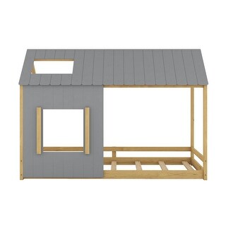 Twin Size Wood Montessori House Bed with Roof and Window, House Floor Bed Frame for Kids, Wood Slats Support,Gray Natural