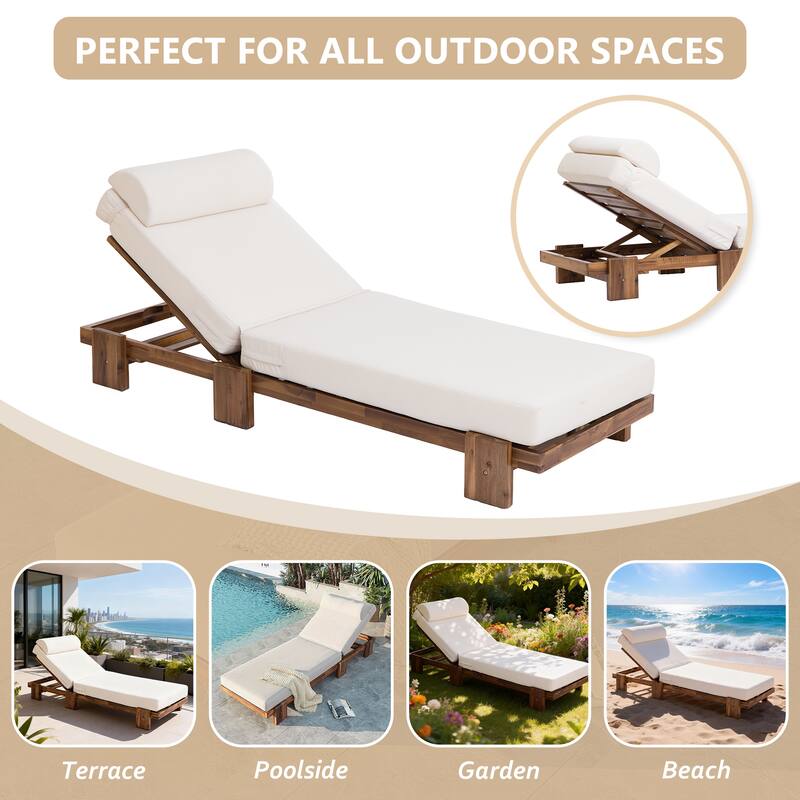 78.8" Acacia Wood Outdoor Patio Chaise Lounge - Adjustable Recliner with Headrest & Retractable Side Tray for Poolside, Garden