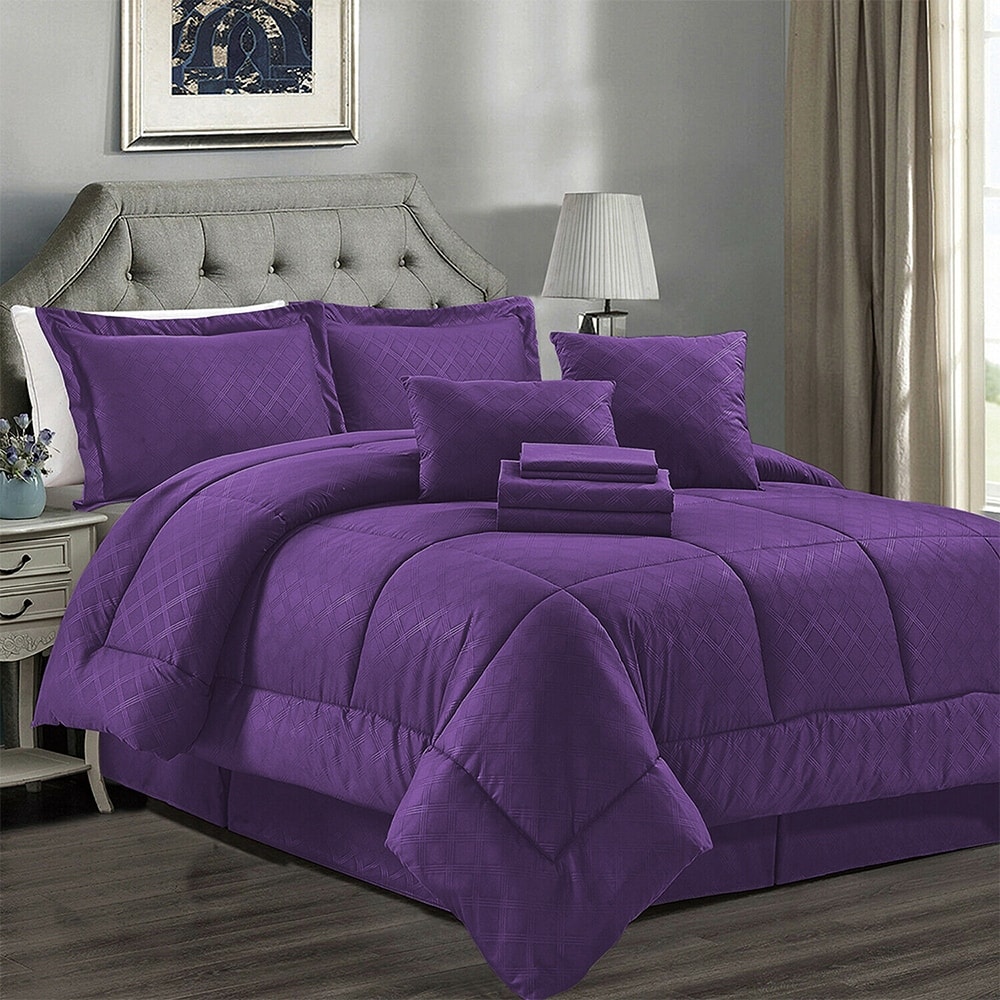 10 Piece Plaid Set Bed Bedding Comforter Queen Purple - On Sale - Bed ...