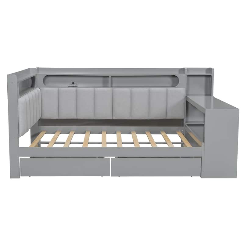 Full Daybed with Storage Shelves Built-in Charging Station LED Light, L-shape Upholstered Sofa Bed with 2 Drawers, Cabinet, Desk