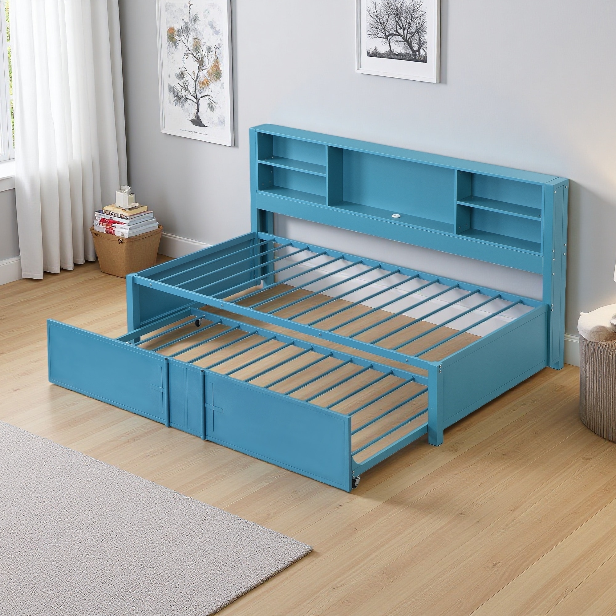 Twin Size Metal Daybed with Trundle, Storage Shelves & USB Ports, Industrial Multi-Functional Design