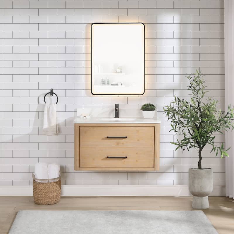 Cristo Floating Bath Vanity with White Quartz Stone Top without Mirror