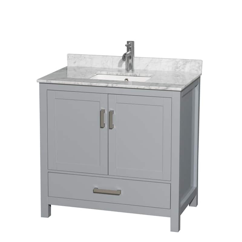 Wyndham Collection Sheffield 36" Freestanding Vanity Set with Hardwood - Gray / White Carrara Marble Top - Ash Finish