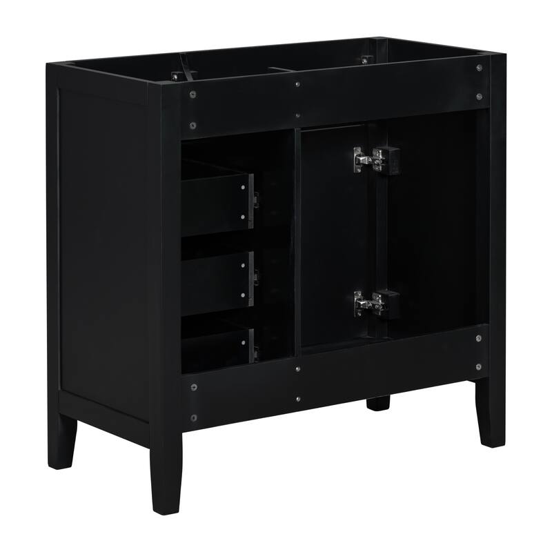 36" Modern White Bathroom Vanity Cabinet Base, 2 Doors & 3 Drawers, Solid Rubber Wood & MDF