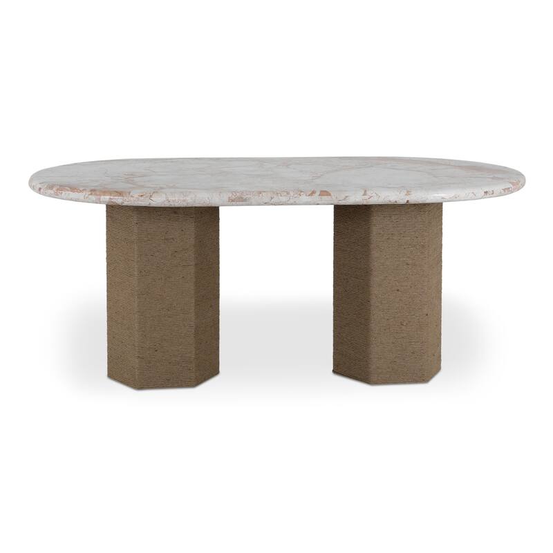 NADAAL STUDIOS Norex Sartoria Dining Table for 6, Oval Black Granite Top, Jute-Wrapped Mango Wood Base, Black Granite - Breccia Marble