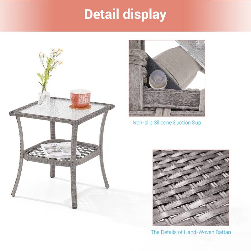 LIVOOSUN Patio Water Rippled Glass Side Table Rattan Coffee Table
