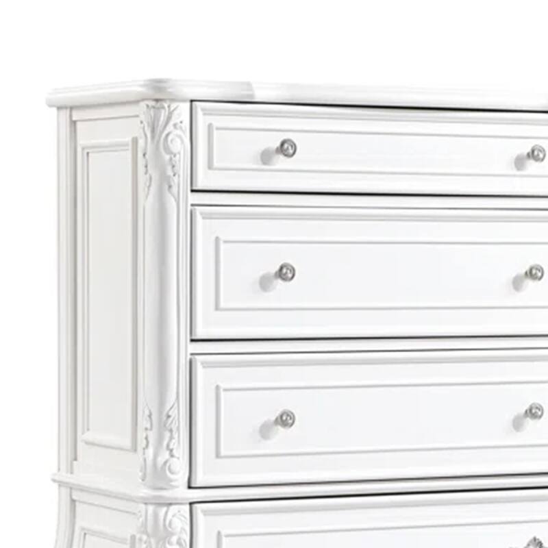 Valena Tall Dresser Chest, 5 Drawers, White Solid Wood, Metal Handles