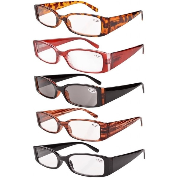 Women Spring Hinge Plastic Reading Glasses (5 Pack Mix) Includes Sunglass Readers+3.50