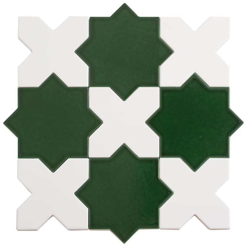Siena 5" Star with Cross Glossy Ceramic Wall and Floor Tile (10.76 sq ft/case) - 54 Pack - Pearl White, Dark Green