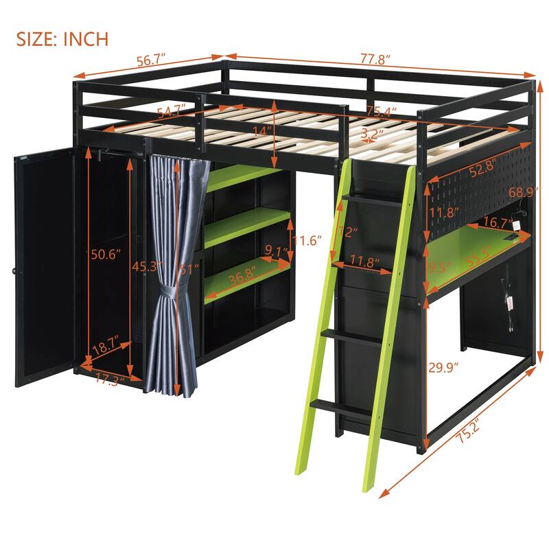 Multifunction Full Loft Bed with Workstation Desk, Wardrobe Storage and Shelves by Harper&Bright Designs