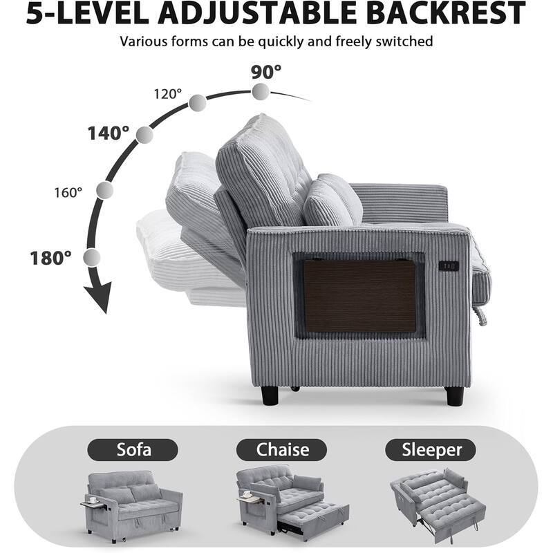 Sleeper Sofa Bed, 52" Convertible Pull Out Couch with Small Table,USB Port,Side Pockets,Corduroy Fabric,Adjustable Backrest