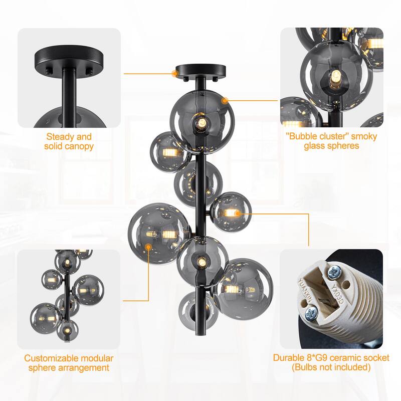 8 Lights Modern Semi-Flush Mount Ceiling Light Smoky Gray Glass Globe