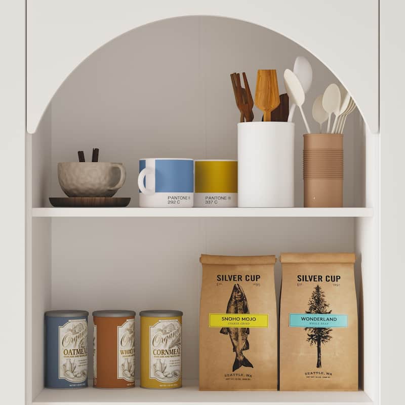 Elegant White Buffet: Arched Design, Glass - door Display & Spacious Storage