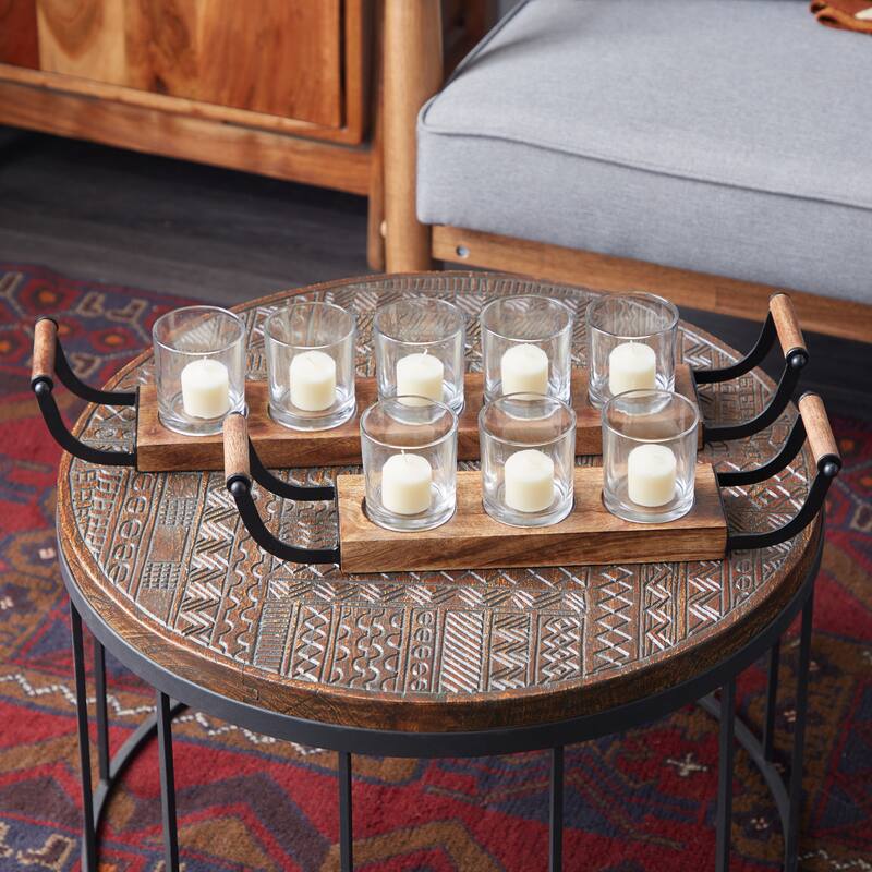 Wood Tealight 8 Glass Sleeve Candelabra - Set of 2 Brown - Roche River Decor - 4"W x 24"L x 4"H