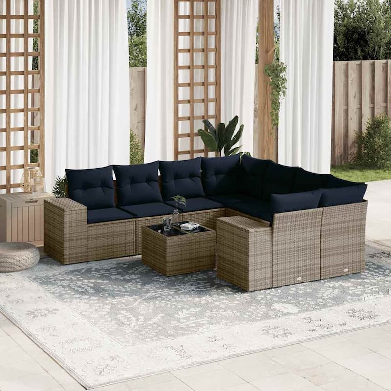 vidaXL 9 Piece Patio Sofa Set with Cushions Black Poly Rattan - 24.4" x 24.4" x 27.2" - Grey and blue