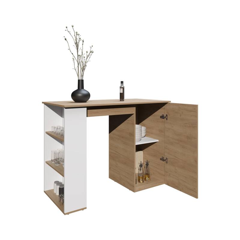 Allen 47" Wide Kitchen Island One Cabinet and Five Shelves, Bar Table, Dinning Table. Pub Table White- Natural Oak