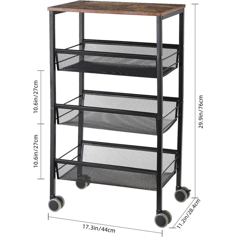 Rustic Kitchen Storage Cart, 4 Tier Kitchen Cart on Wheels, Metal Mesh Storage Pantry Cart with Lockable Wheels