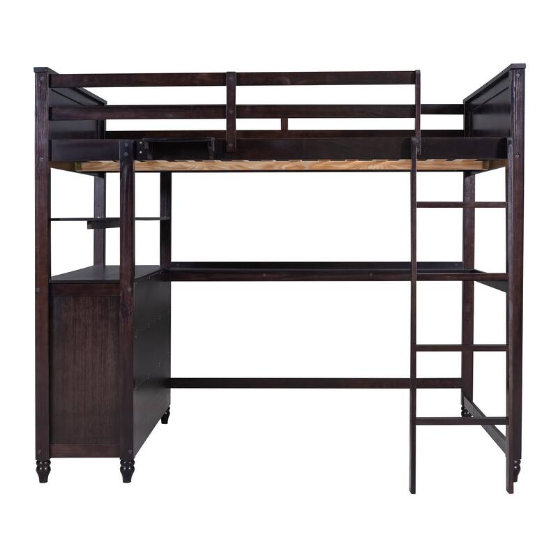 Full Size Loft Bed with Drawers, Desk, and Shelves in Espresso Finish