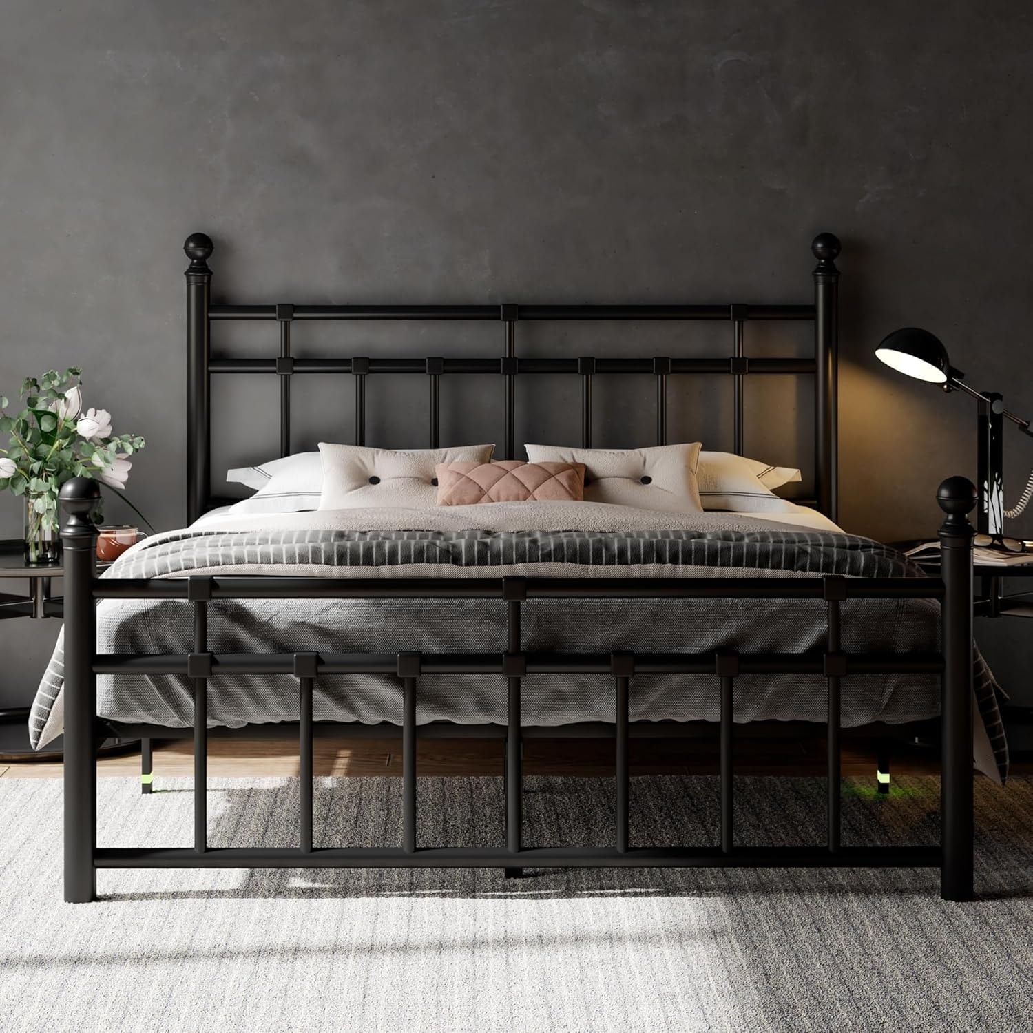 Full Size Metal Platform Bed Frame with Victorian Iron-Art Headboard, Heavy Duty Slats, Under Bed Storage, Black