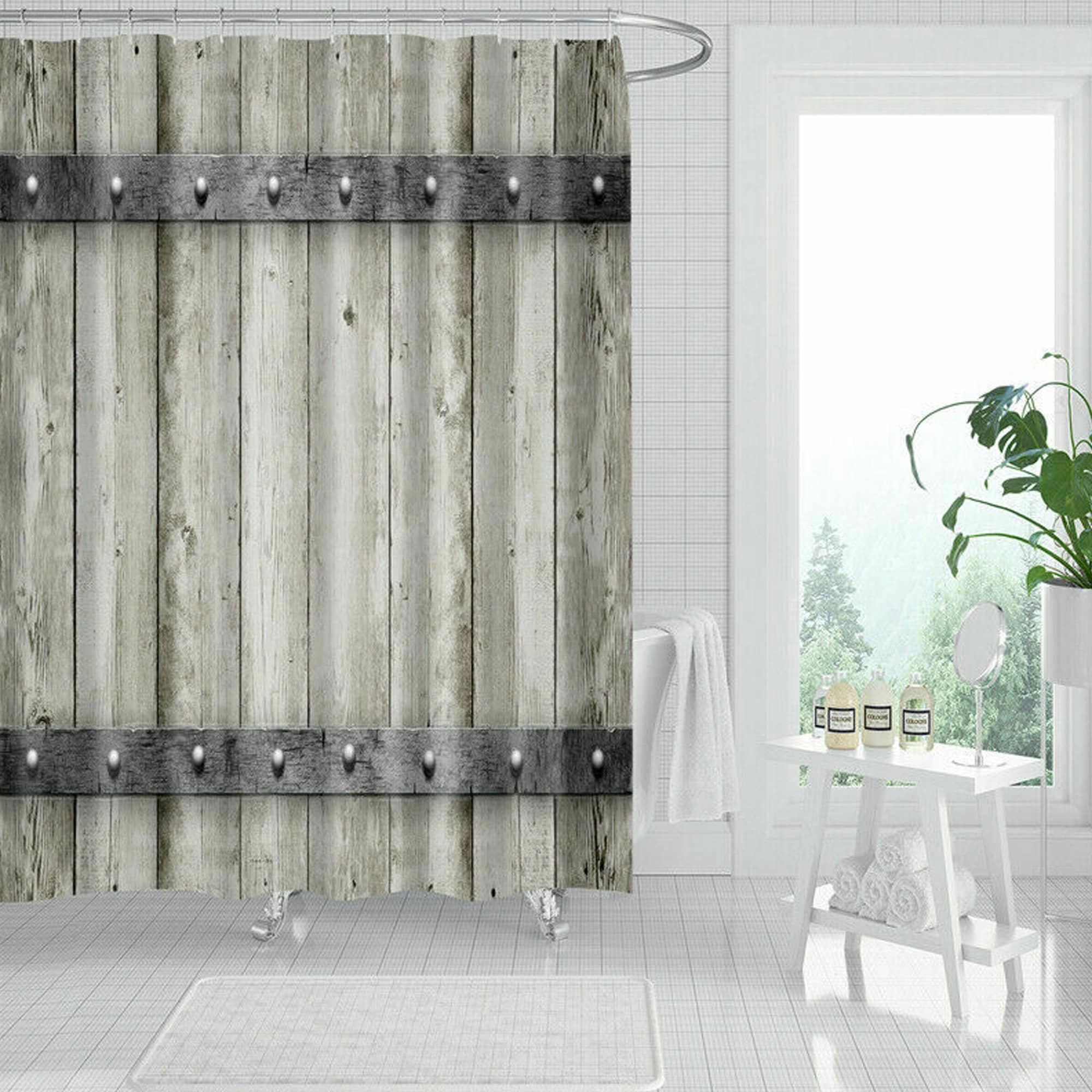 Rustic Wood Barn Door Waterproof Fabric Shower Curtain Set Bathroom Accessories 