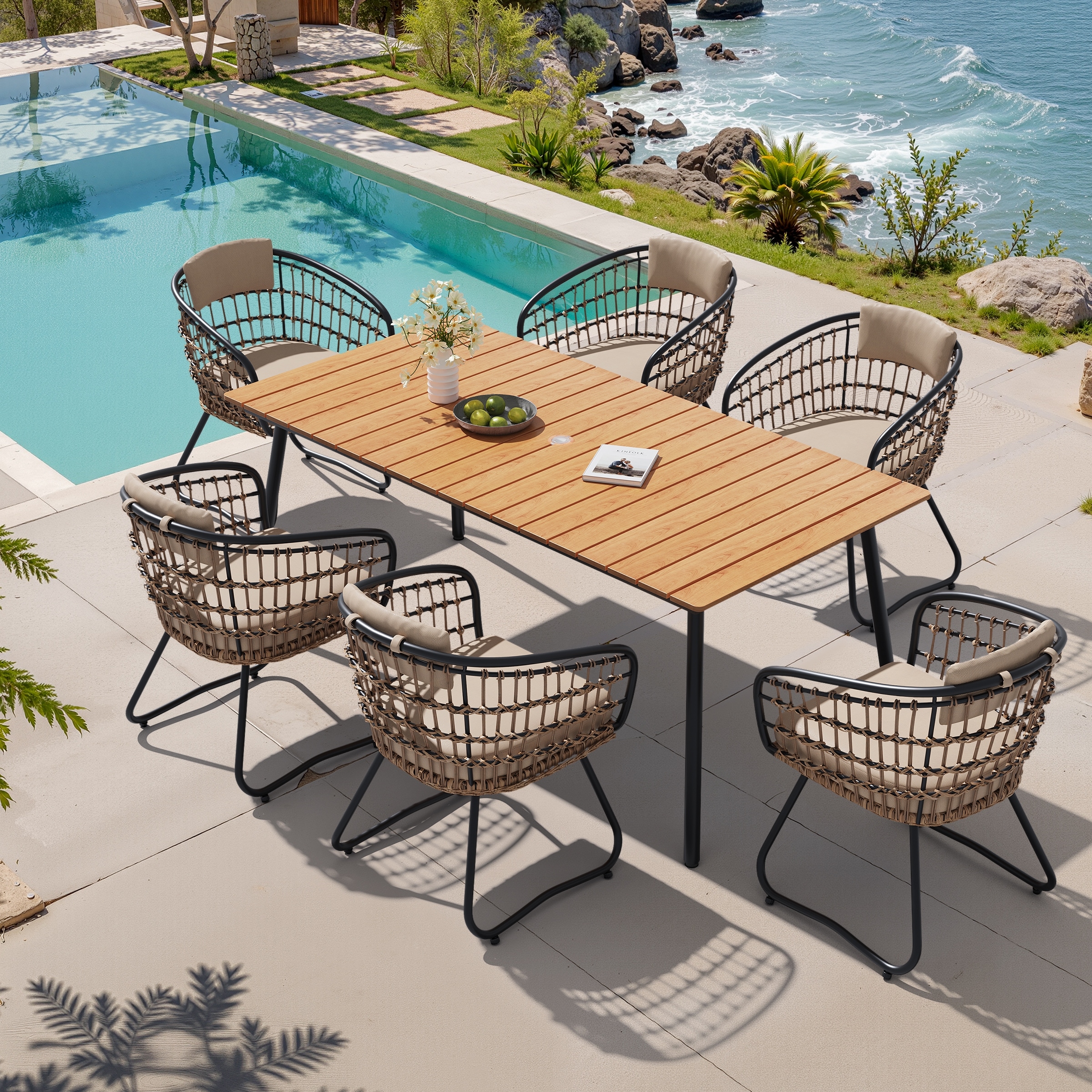 7-Piece Outdoor Patio Dining Set Wood-Like Table Top Aluminum Umbrella Hole Table with Rattan Chairs