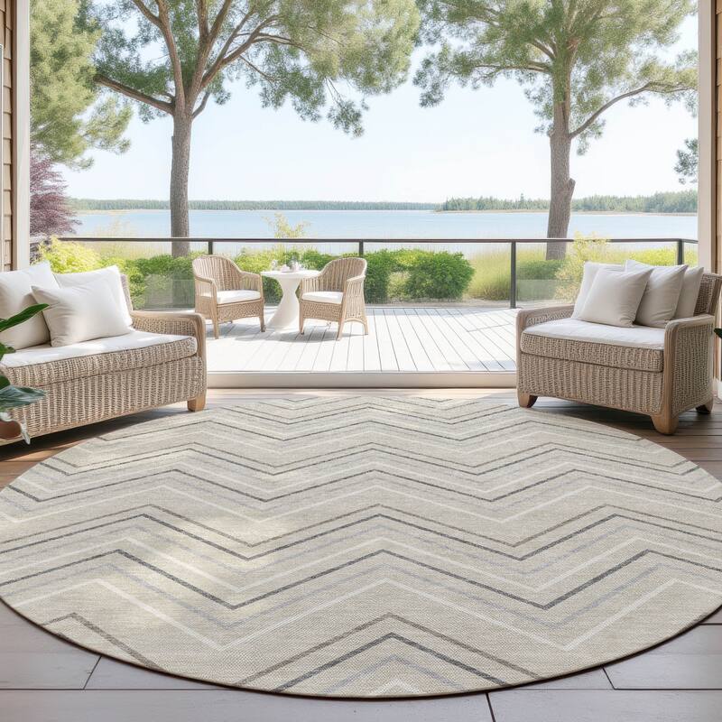 Machine Washable Indoor/ Outdoor Modern Chevron Chantille Rug - Beige - 8' x 8'