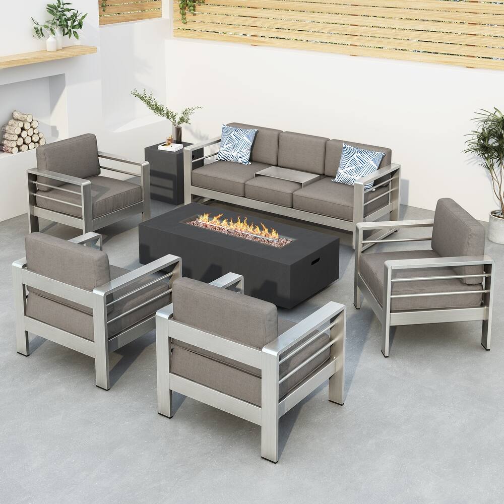 Cape Coral Outdoor 7-piece Chat Set with Fire Table by Christopher Knight Home