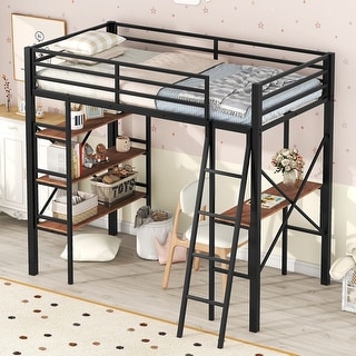 Twin Size Loft Bed with Ladder and Full Length Guardrail, Metal Bed Frame with Shelves and Desk, No Box Spring Needed for Kids