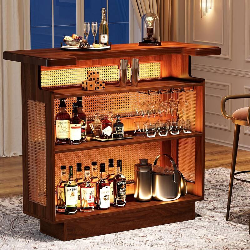 4-Tier Home Bar Unit, Liquor Bar Table, Mini Bar with Wine Racks and Glass Holder, Farmhouse Bar Table
