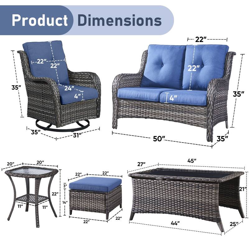 Pocassy Outdoor Sofa Swivel Chairs Table Ottoman 4 Inch Set