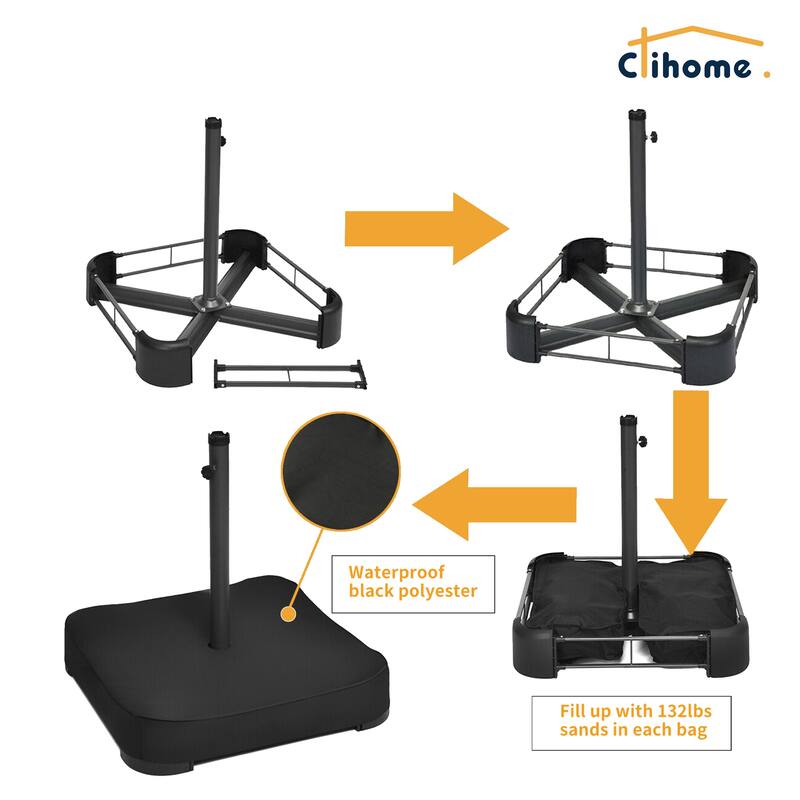 Clihome 15FT Double-Sided Solar Light Market Crank Umbrella with Base