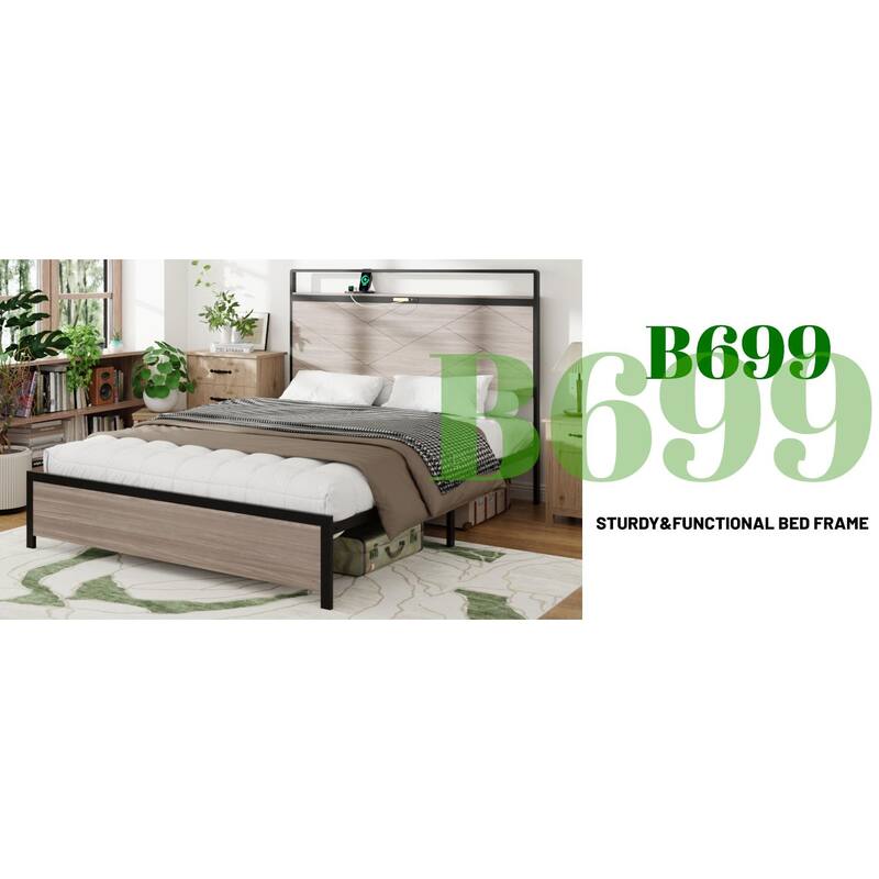 Wooden Platform Bed Frame with Storage, LED Light Headboard and 2 USB Ports, No Noise