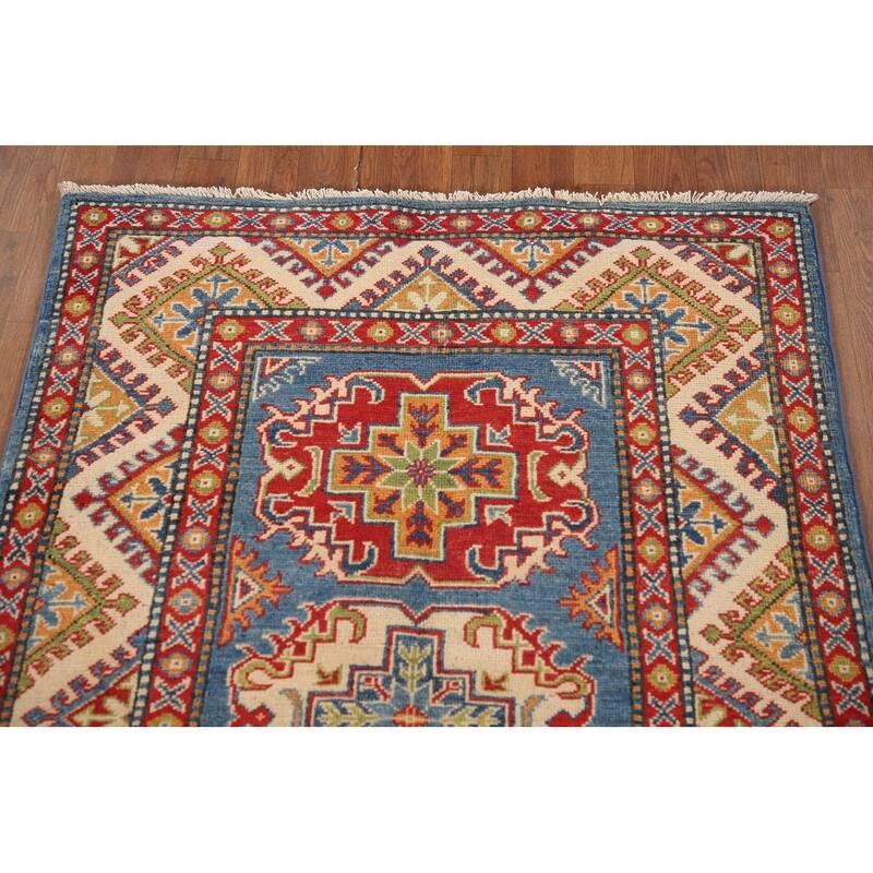 Kazak Oriental Accent Rug Hand-Knotted Blue Geometric Wool Carpet - 3'2"x 4'7"