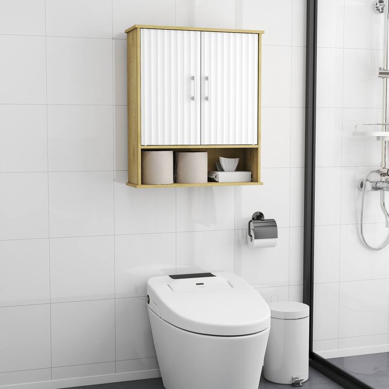Bathroom Wall Cabinet with Double - Door,Bottom Shelf,Wavy - Patterned Doors,Adjustable Inner Shelf,Easy Installation