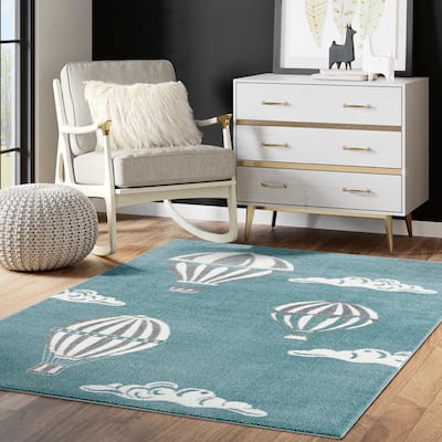 Abani Play Contemporary Blue Hot Air Balloon Indoor Area Rug