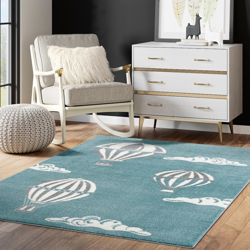 Abani Play Contemporary Blue Hot Air Balloon Indoor Area Rug