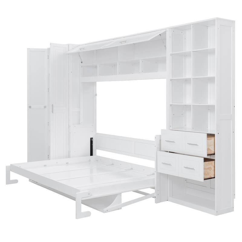 Queen Size Murphy Bed with Side Wardrobe & Flip Design, Foldable Wooden Wall Bed with Storage Drawers & Shelf for Home Office