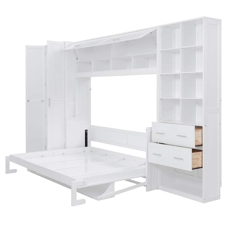 Versatile Queen Size Murphy Bed with Long Desk, Storage Folding Bed Frame with Closet, Cabinets, Drawers and Shelves