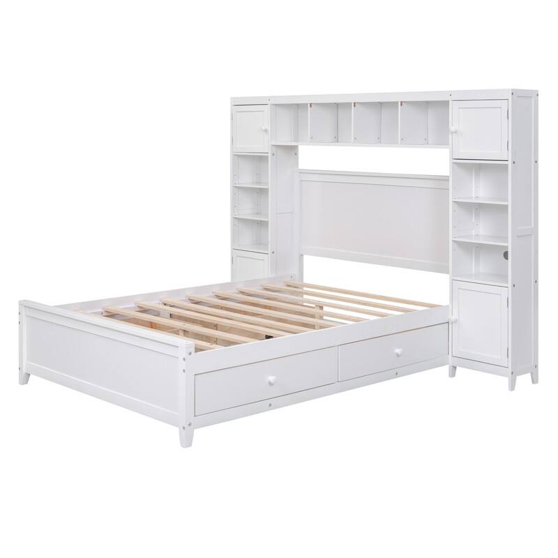 Full Size Platform Bed w/ All-in-One Cabinet & 10 Shelves, Wooden Bed Frame w/ 4 Drawers, Versatility Storage Bed for Kids Teens