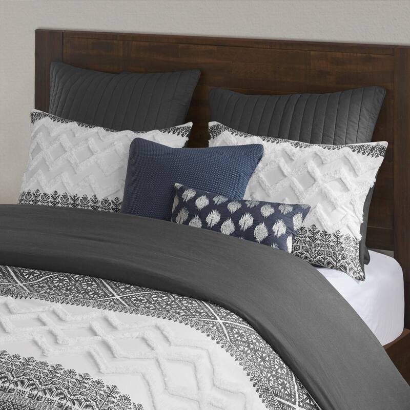 3 Piece Cotton Comforter Set with Chenille Tufting Gray Full/Queen