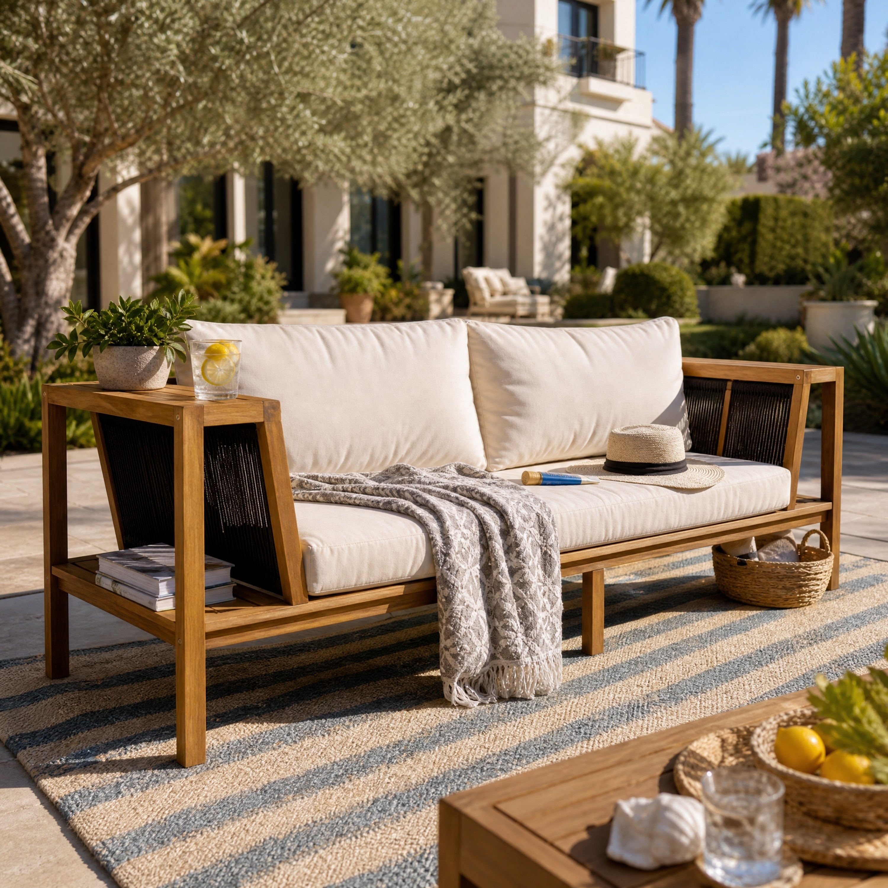 Christopher Knight Home - Outdoor Daybed Sofa Acacia Wood with Woven Rope Panels Storage Shelves and Water-Resistant Cushions
