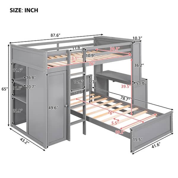 dimension image slide 1 of 2, Contemporary Design Twin Size Loft Bed with A Stand-Alone Bed,Wardrobe with Desk and Double-Deck Shelf for Extra Space