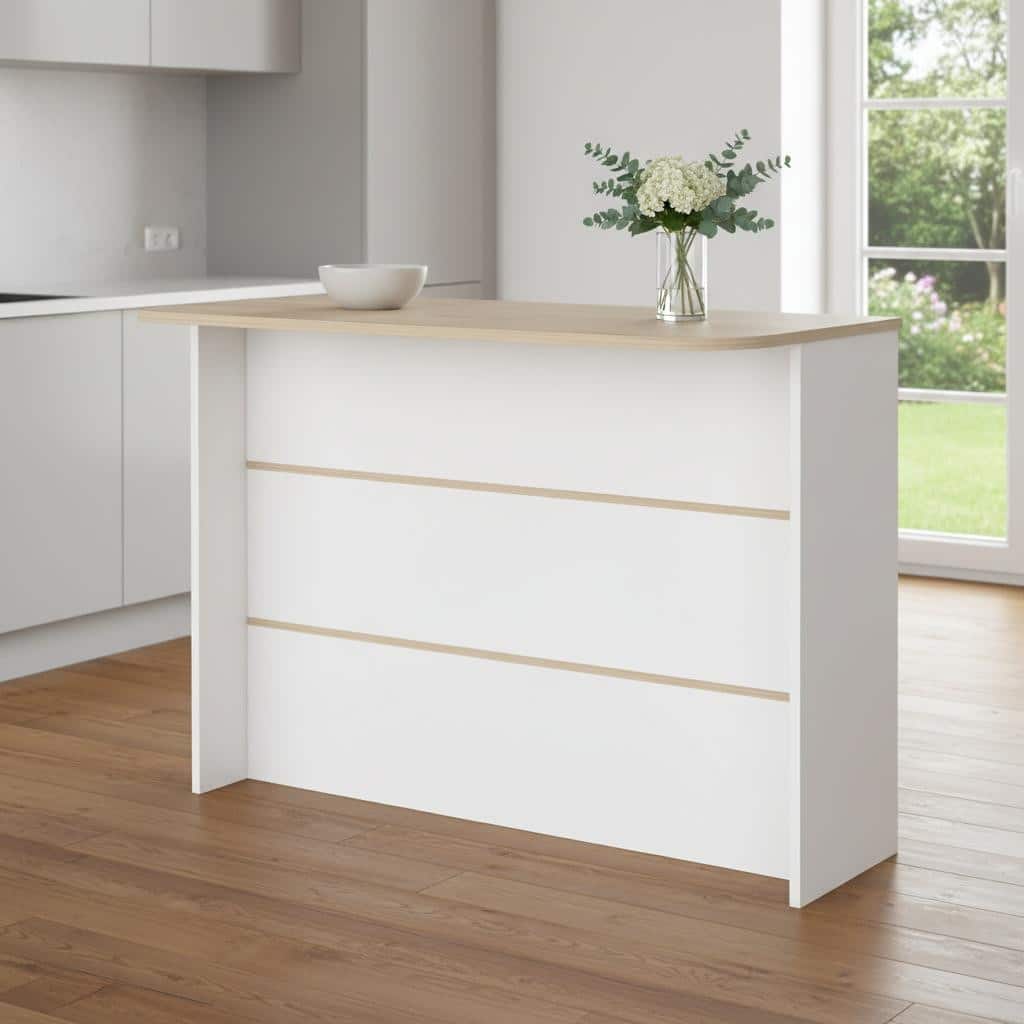 HomeRoots White and Natural 47" Kitchen Island With Storage - 47.24 in. x 35.43 in. x 23.62 in.