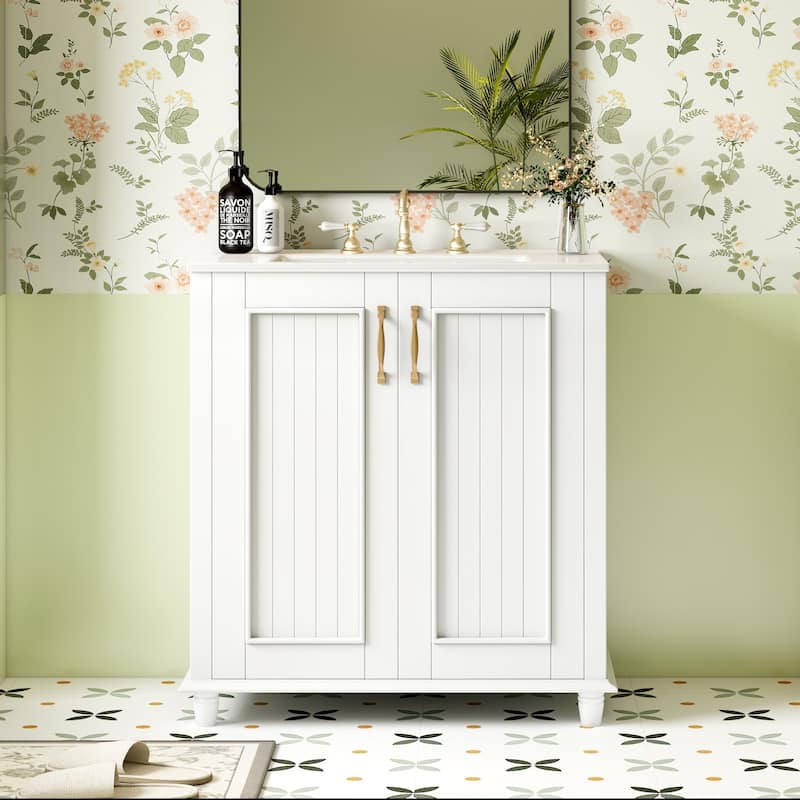30" Freestanding Bathroom Vanity Set‌ – Features a Ceramic Sink, Hidden Drawer, Storage Cabinet & Solid Wood Frame .