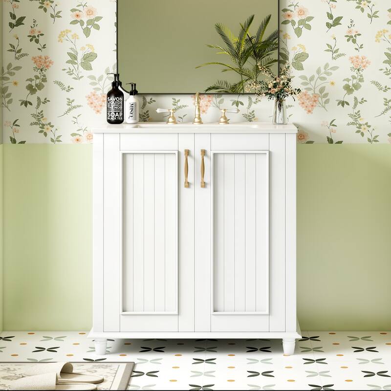 30'' Freestanding White Bathroom Vanity with Ceramic Sink