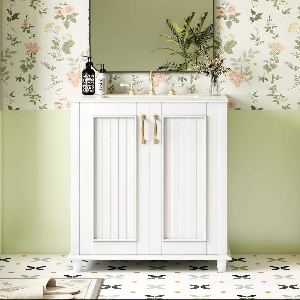 Roomfitters 30 Inch Bathroom Vanity with Ceramic Sink, Freestanding Storage Cabinet with Hidden Drawer, White