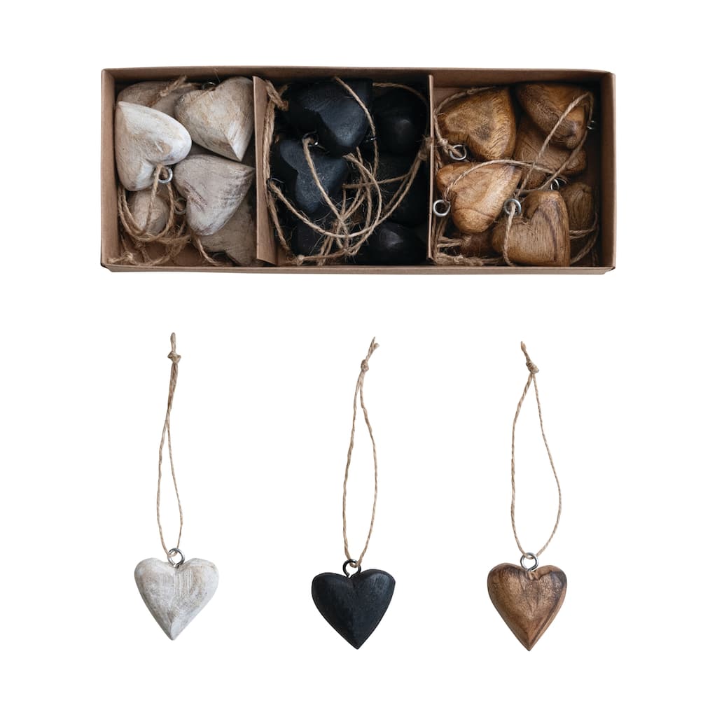 24-Piece Mango Wood Heart Ornaments with Jute Hangers - 1.5"L x 0.25"W x 1.5"H