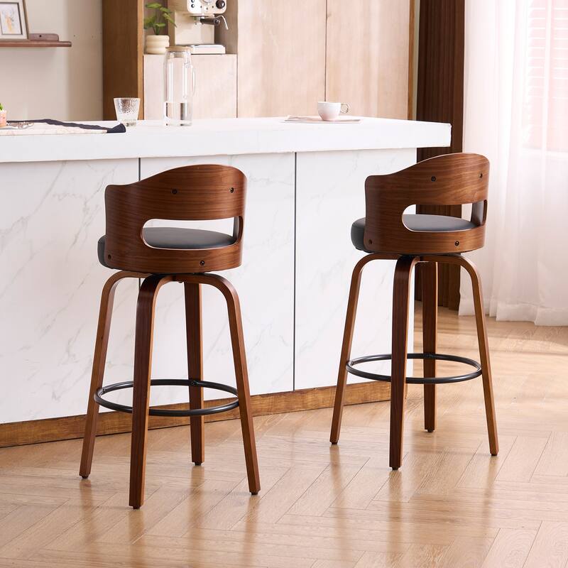 FERPIT 26"/30" Faux Leather Swivel Counter Bar Stools with Bentwood Legs (Set of 2)