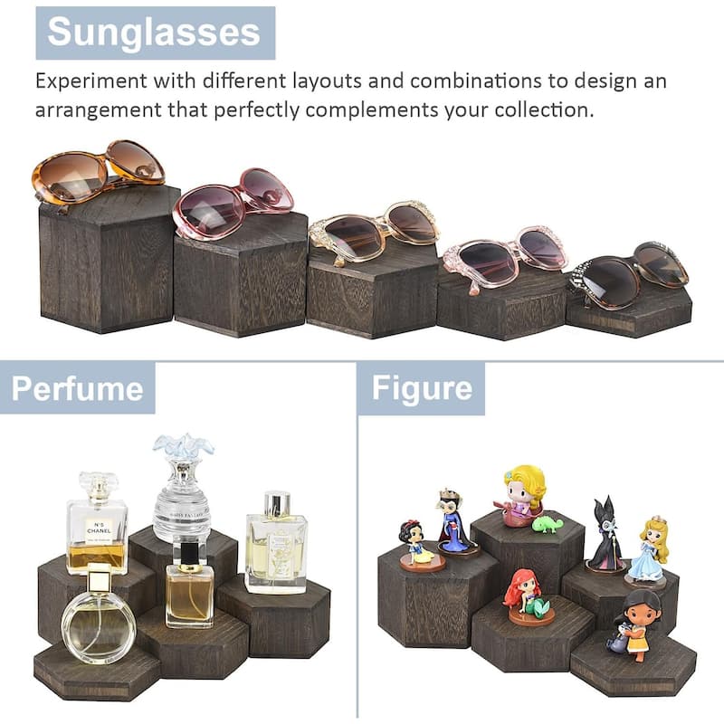 Large Wooden 5 Pcs Hexagon Risers for Display Jewelry,Dark Brown Color - S
