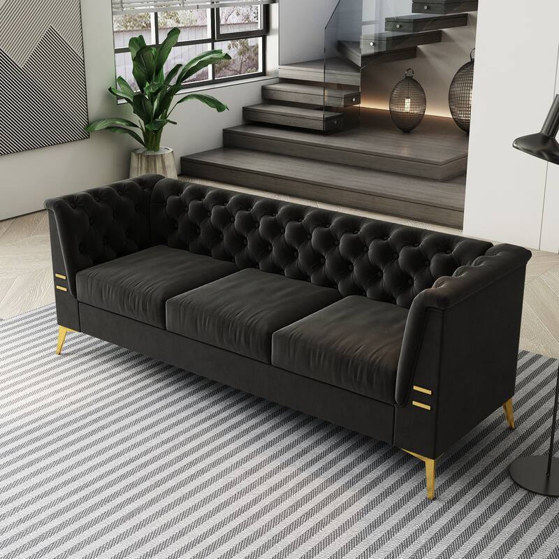 82'' Modern Velvet 3-Seater Couch with Tufted Design and Gold Metal Legs